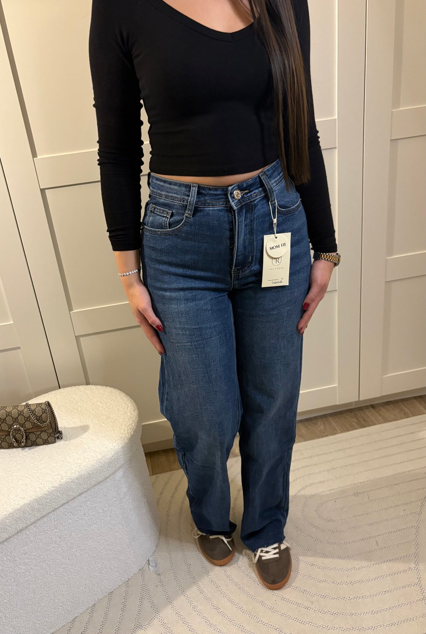 Jean mom fit bleu