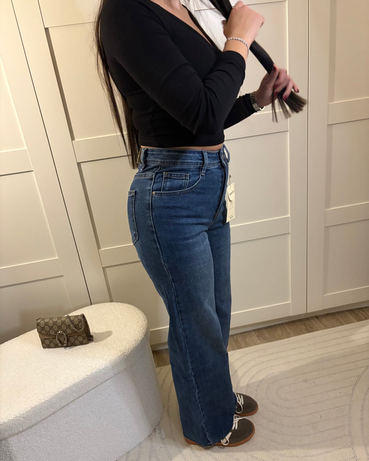 Jean mom fit bleu